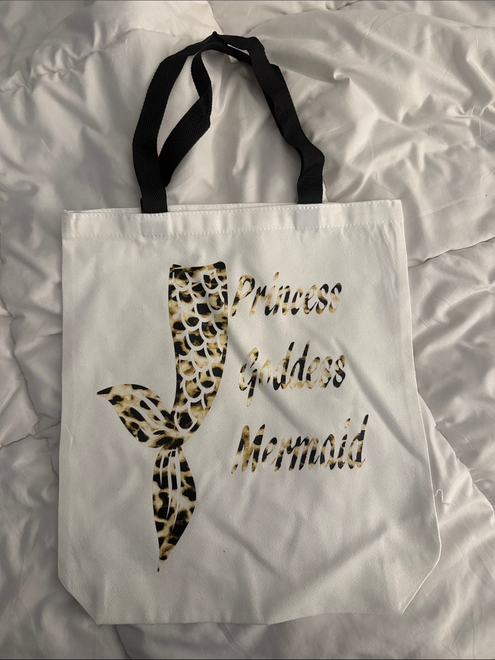 White Tote Bag with Leopard Mermaid Print - Princess Goddess Mermaid